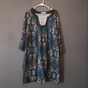 Aryeh Dress Size 2X Black White Teal Stretchy Plus Size V Neck 3/4‎ Sleeves